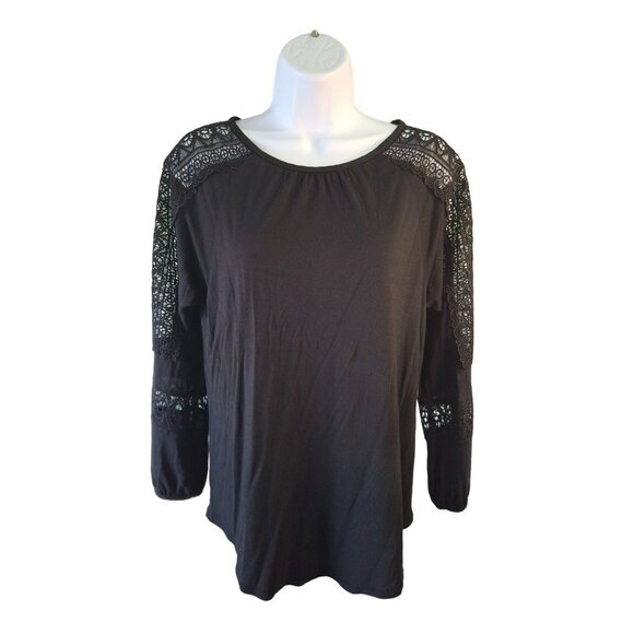 Ann Taylor LOFT Black Lace Sleeve Blouse Small Boho Chic Top Rayon Casual - Picture 2 of 9